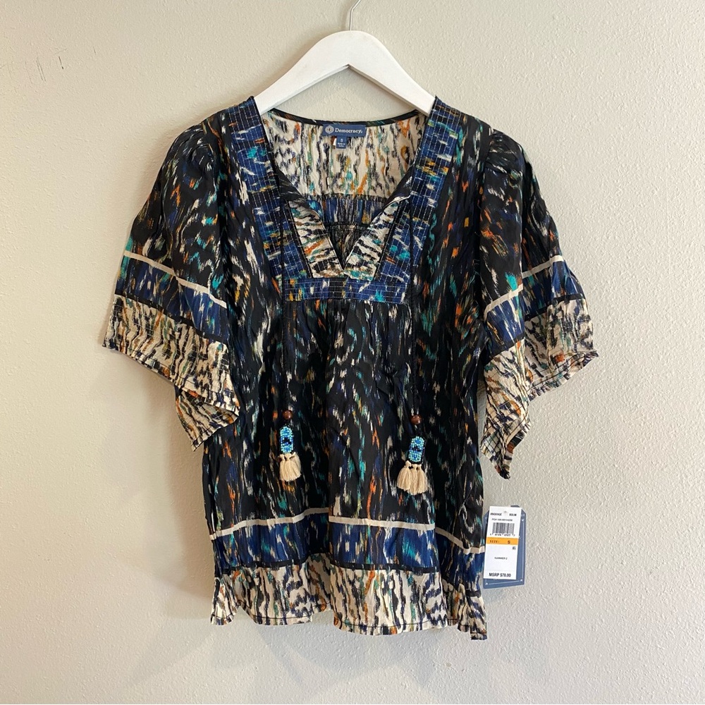 Democracy Boho Blouse Beaded Tassel Top Size Small Ikat Print New! Peasant
